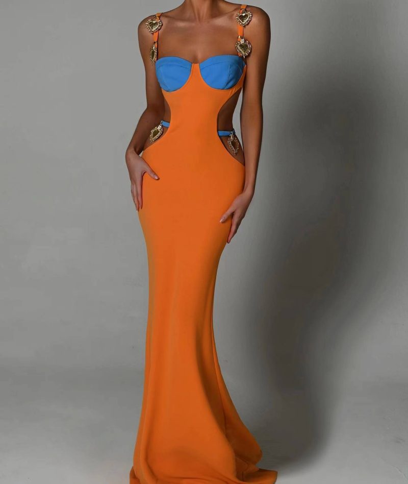 Alloy Ornament Hollow Out Cutout Backless Split Bandage Maxi Dress