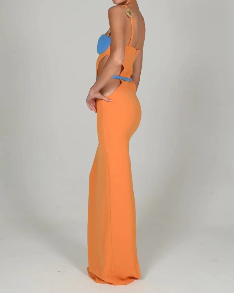 Alloy Ornament Hollow Out Cutout Backless Split Bandage Maxi Dress - Image 2