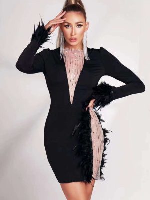 Winter Long Sleeve Mesh Sequ Feather Sexy Bandage One Piece Dress