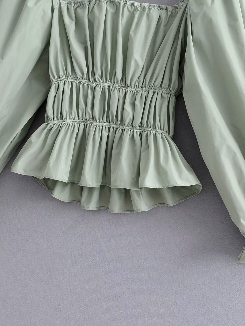 Women Autumn Satin Square Collar Long Sleeve Shirt - Image 3