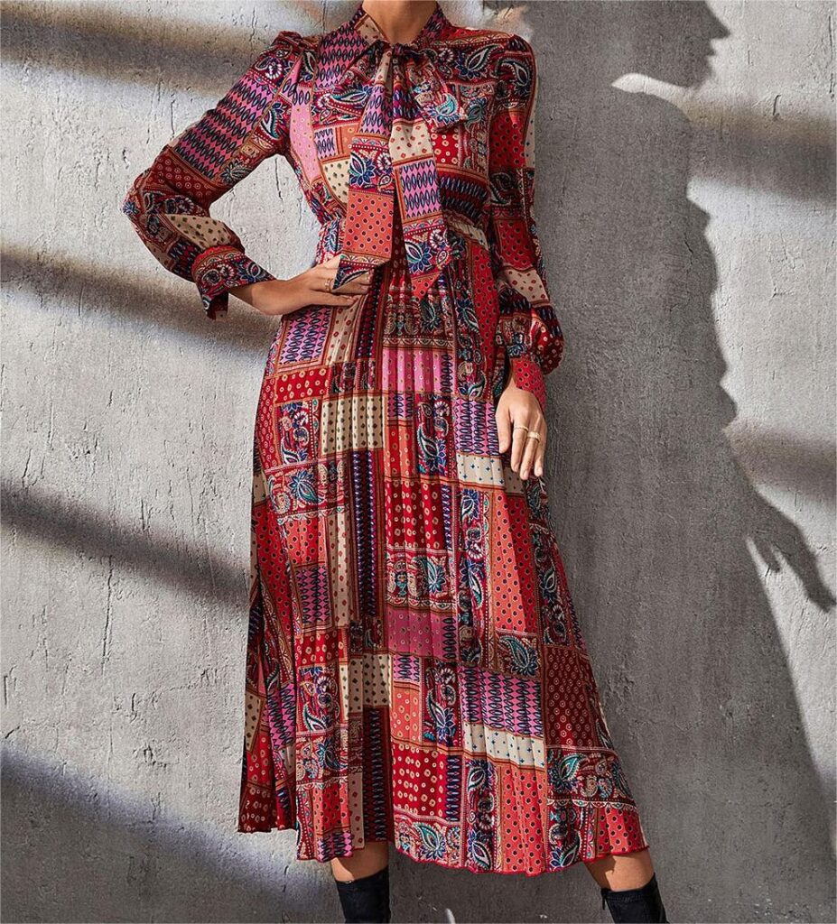 Spring Summer Ethnic Round Neck Pleated Floral Dress Elegant Light Luxury Printed Girl Dress - Image 5