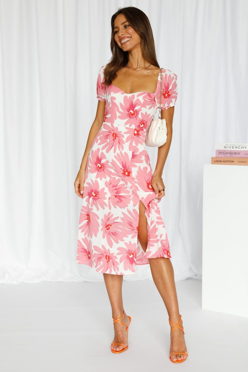 Women  Summer New Short-sleeved Casual Sweet Square Neck High Waist Midi Dress