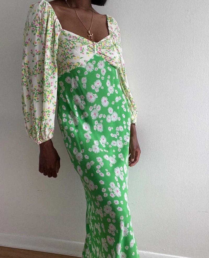 Spring Summer Deep V Plunge Green Daisy Color Matching Slim Holiday Mid Length Split Dress