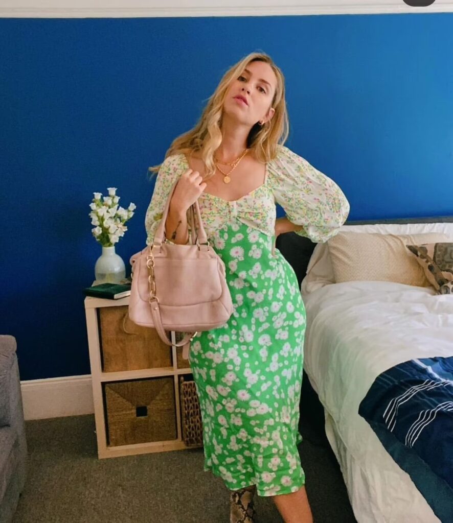 Spring Summer Deep V Plunge Green Daisy Color Matching Slim Holiday Mid Length Split Dress - Image 2