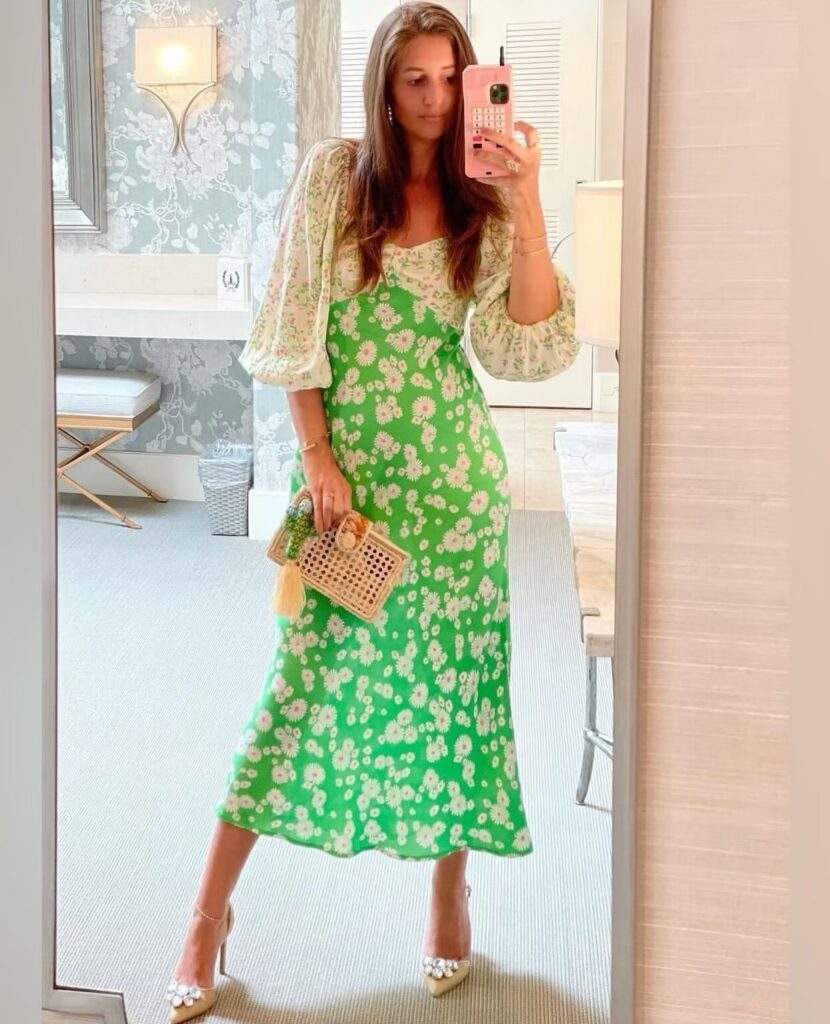 Spring Summer Deep V Plunge Green Daisy Color Matching Slim Holiday Mid Length Split Dress - Image 3