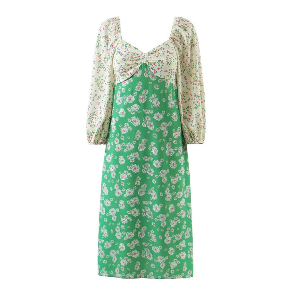 Spring Summer Deep V Plunge Green Daisy Color Matching Slim Holiday Mid Length Split Dress - Image 6