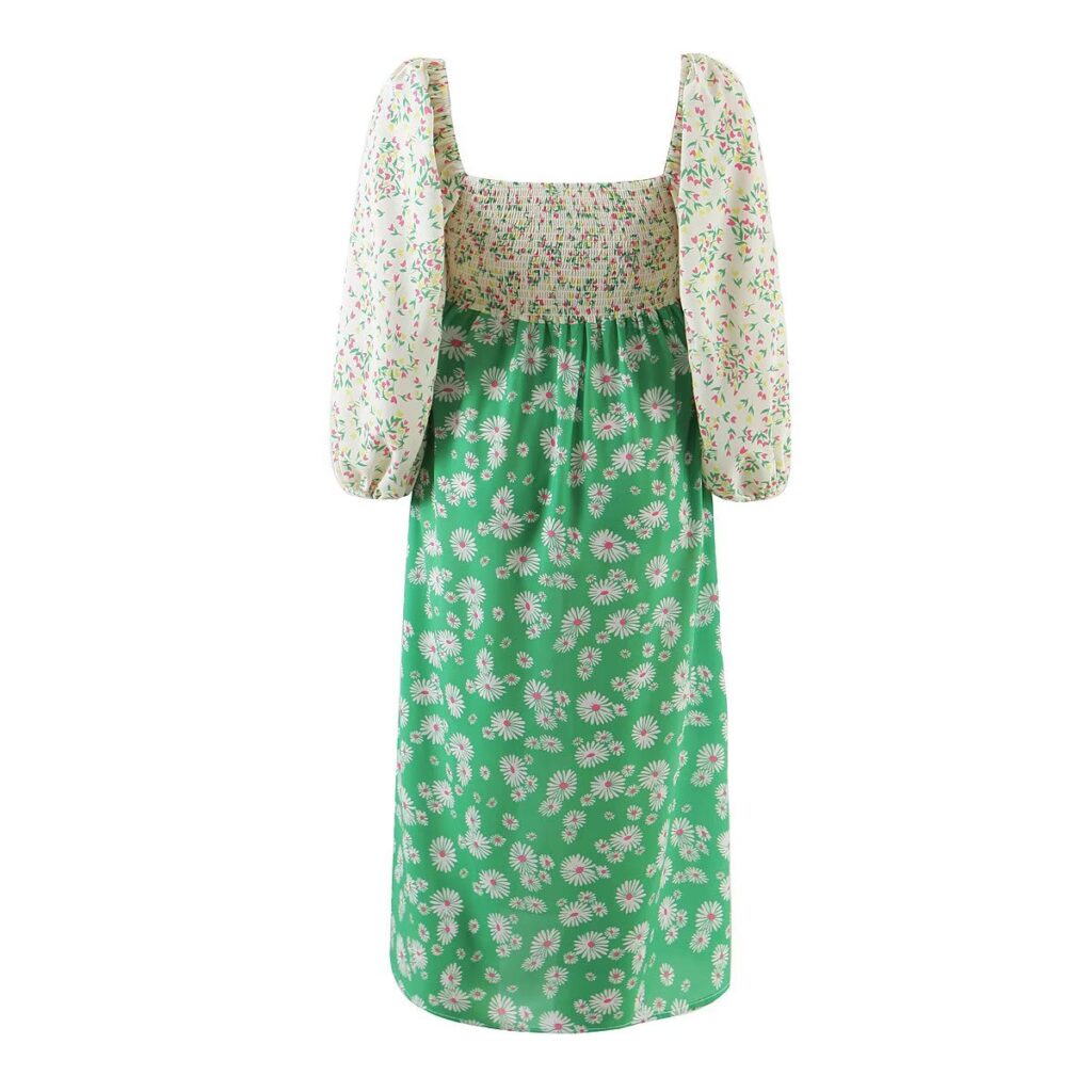 Spring Summer Deep V Plunge Green Daisy Color Matching Slim Holiday Mid Length Split Dress - Image 7