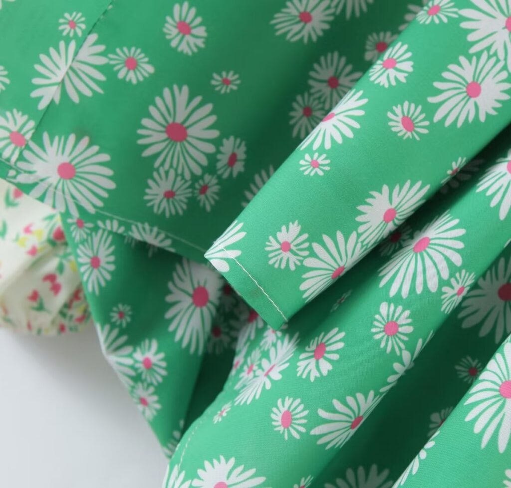 Spring Summer Deep V Plunge Green Daisy Color Matching Slim Holiday Mid Length Split Dress - Image 8