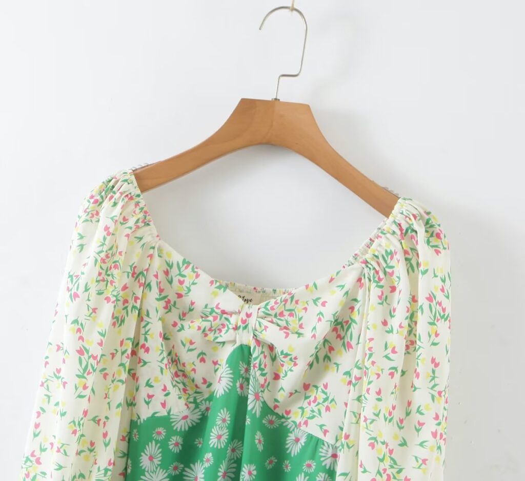 Spring Summer Deep V Plunge Green Daisy Color Matching Slim Holiday Mid Length Split Dress - Image 9