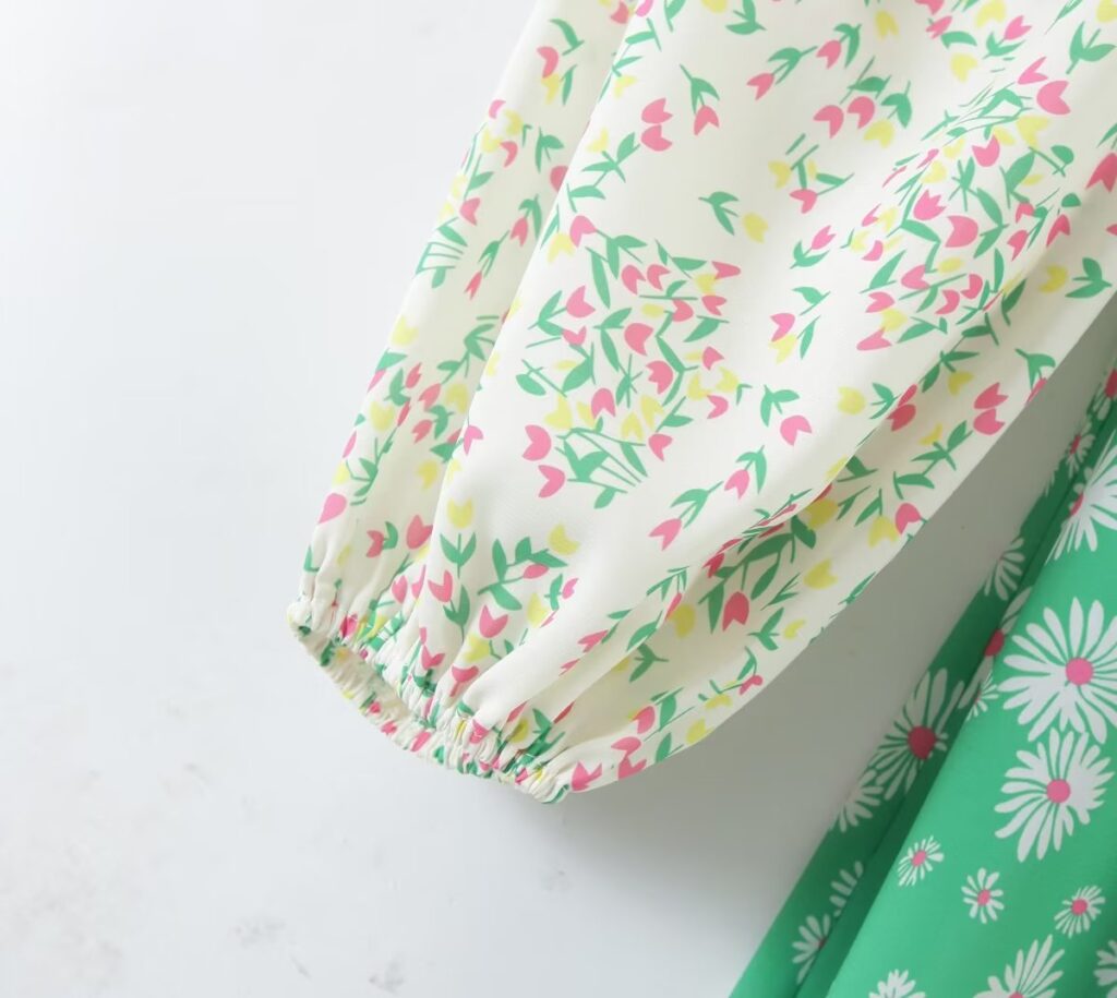 Spring Summer Deep V Plunge Green Daisy Color Matching Slim Holiday Mid Length Split Dress - Image 10