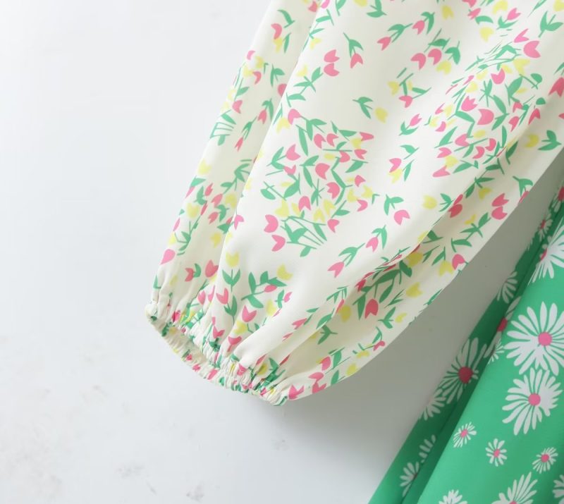 Spring Summer Deep V Plunge Green Daisy Color Matching Slim Holiday Mid Length Split Dress - Image 10