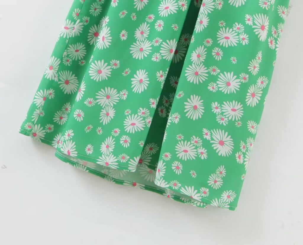 Spring Summer Deep V Plunge Green Daisy Color Matching Slim Holiday Mid Length Split Dress - Image 11