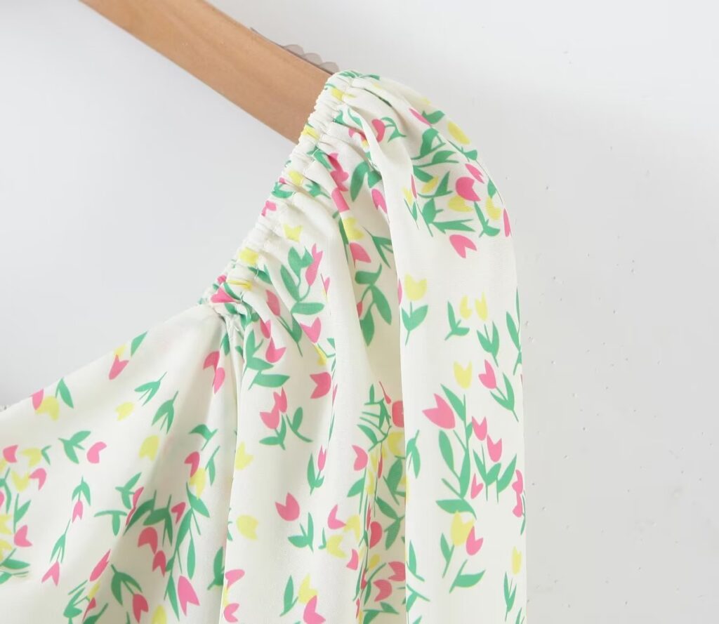 Spring Summer Deep V Plunge Green Daisy Color Matching Slim Holiday Mid Length Split Dress - Image 13