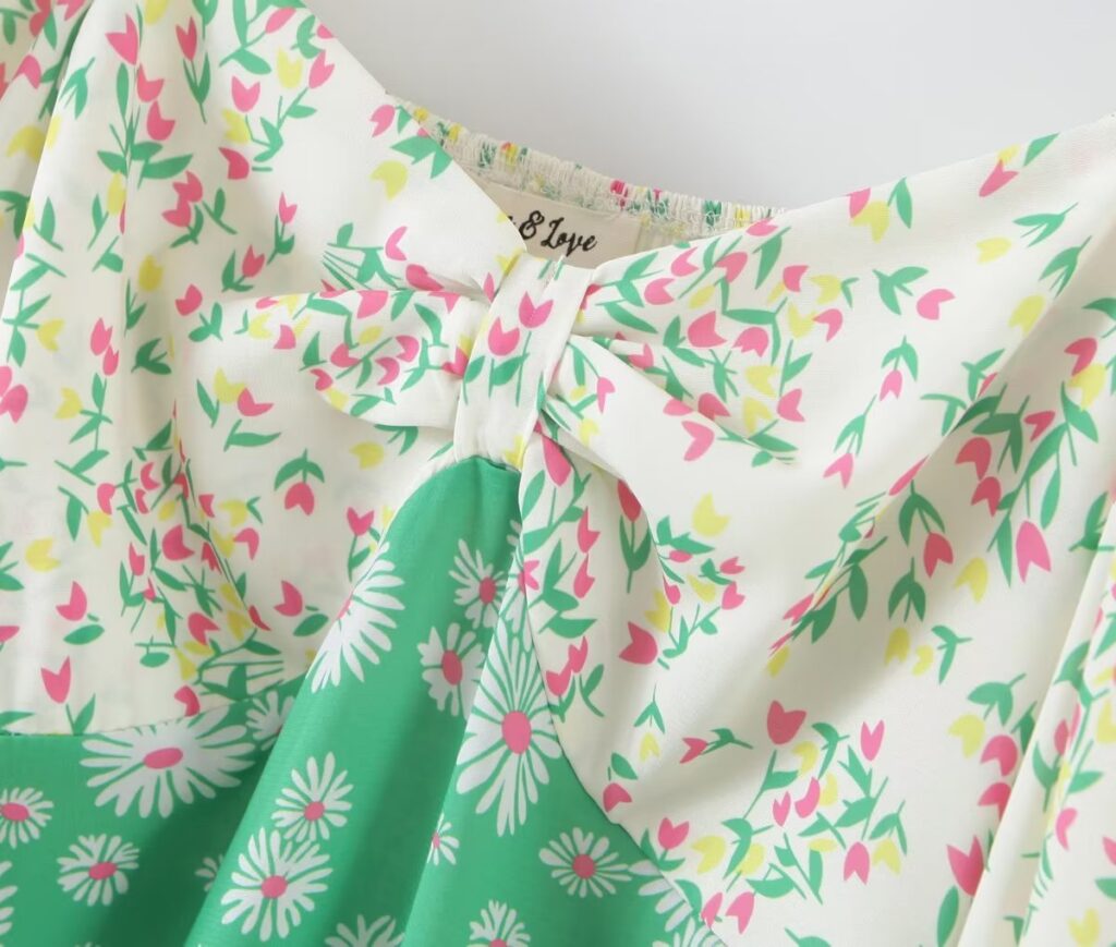 Spring Summer Deep V Plunge Green Daisy Color Matching Slim Holiday Mid Length Split Dress - Image 14