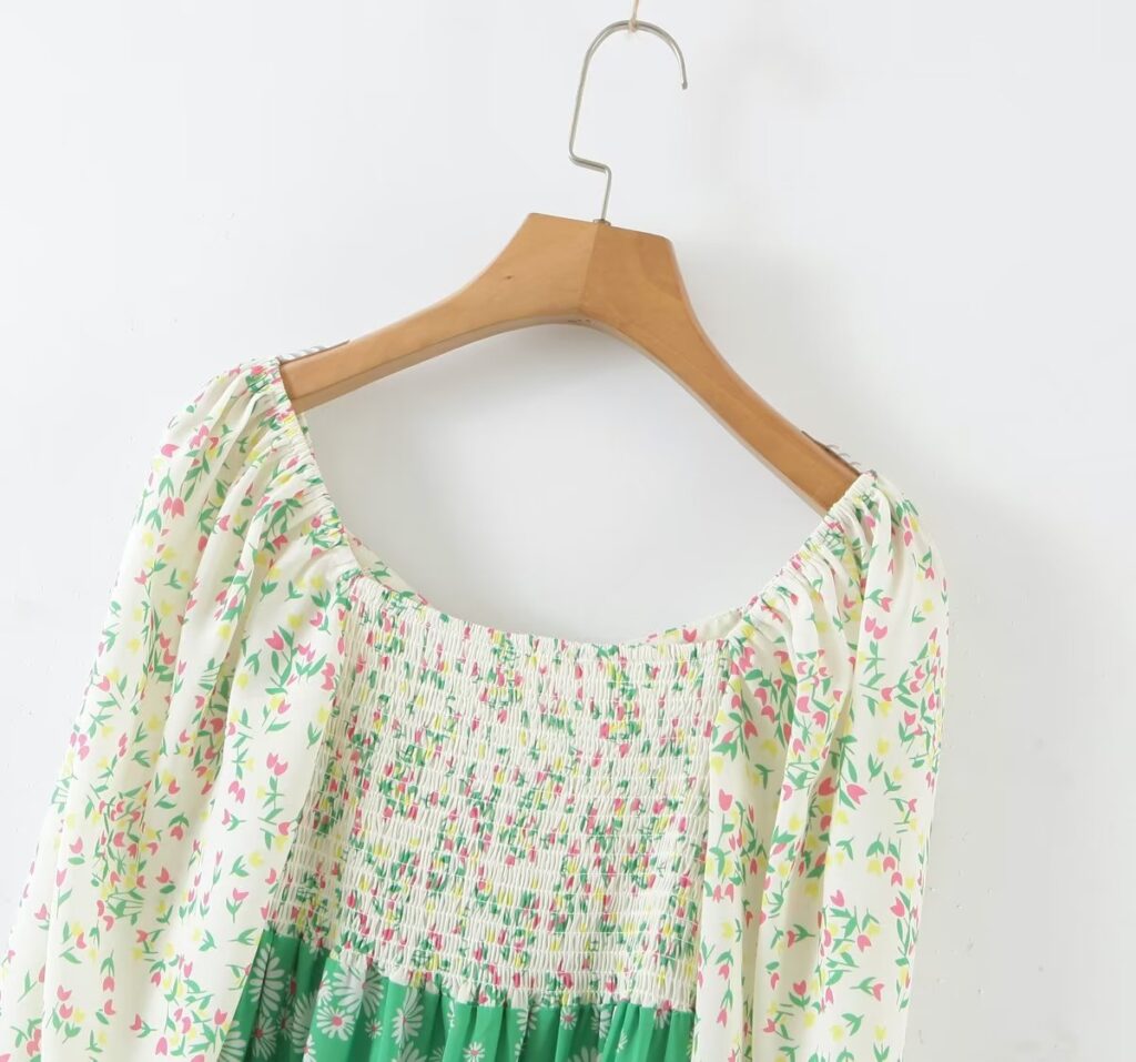 Spring Summer Deep V Plunge Green Daisy Color Matching Slim Holiday Mid Length Split Dress - Image 15
