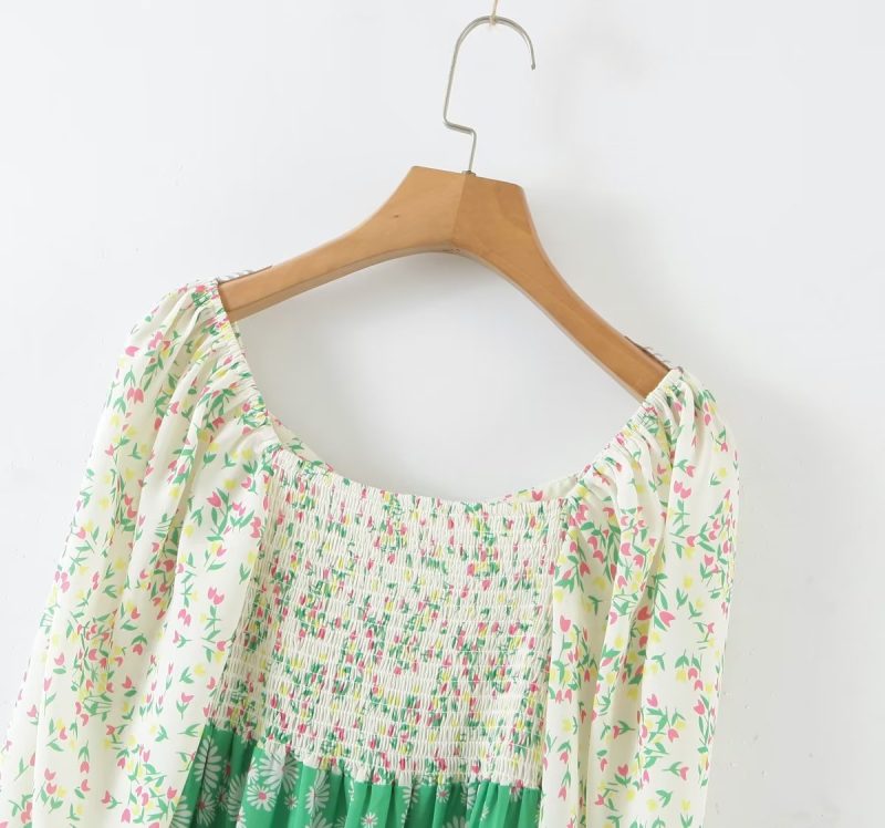 Spring Summer Deep V Plunge Green Daisy Color Matching Slim Holiday Mid Length Split Dress - Image 15