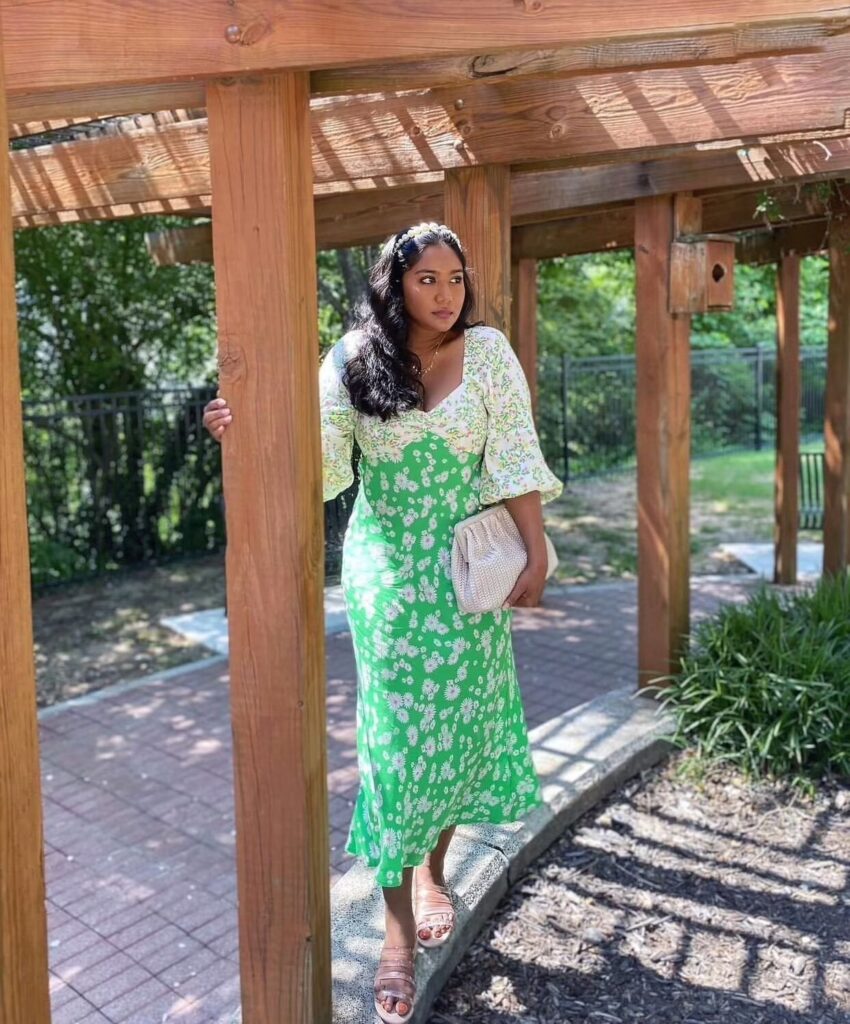 Spring Summer Deep V Plunge Green Daisy Color Matching Slim Holiday Mid Length Split Dress - Image 4
