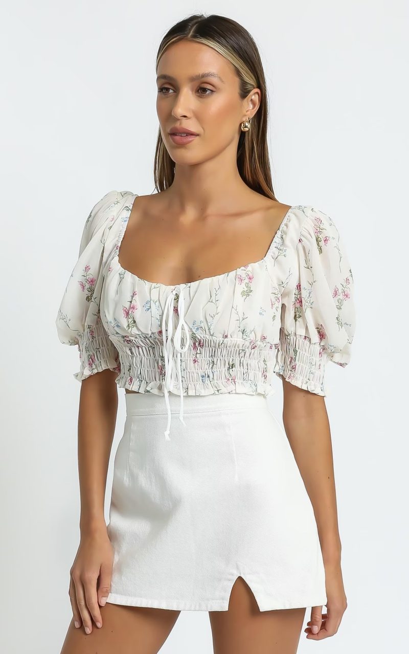 Spring Puff Sleeve Gentle Lace Up Square Collar Short Floral Print Small Top - Image 2