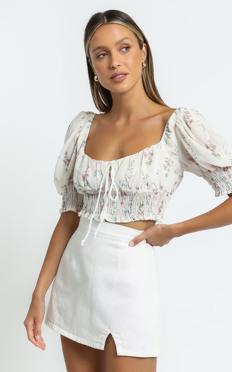 Spring Puff Sleeve Gentle Lace Up Square Collar Short Floral Print Small Top - Image 3