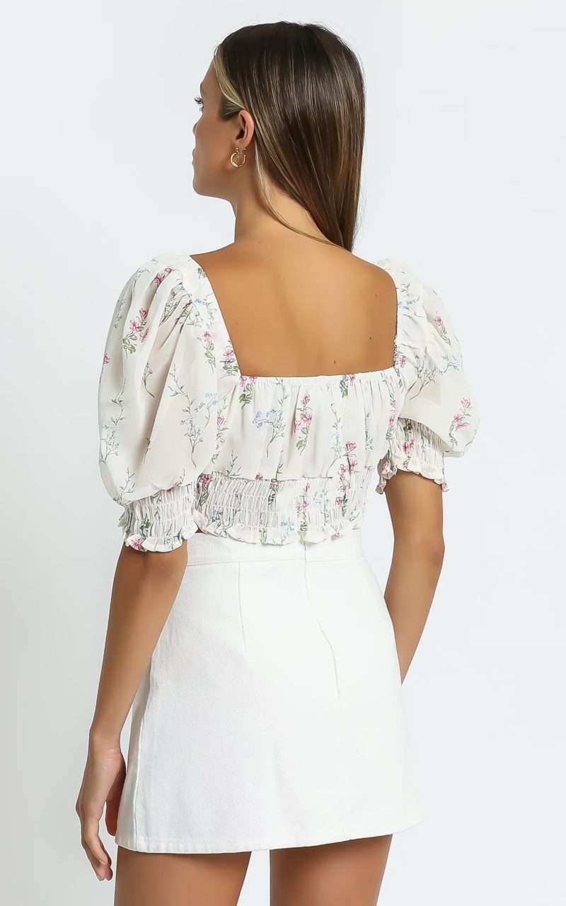 Spring Puff Sleeve Gentle Lace Up Square Collar Short Floral Print Small Top - Image 5