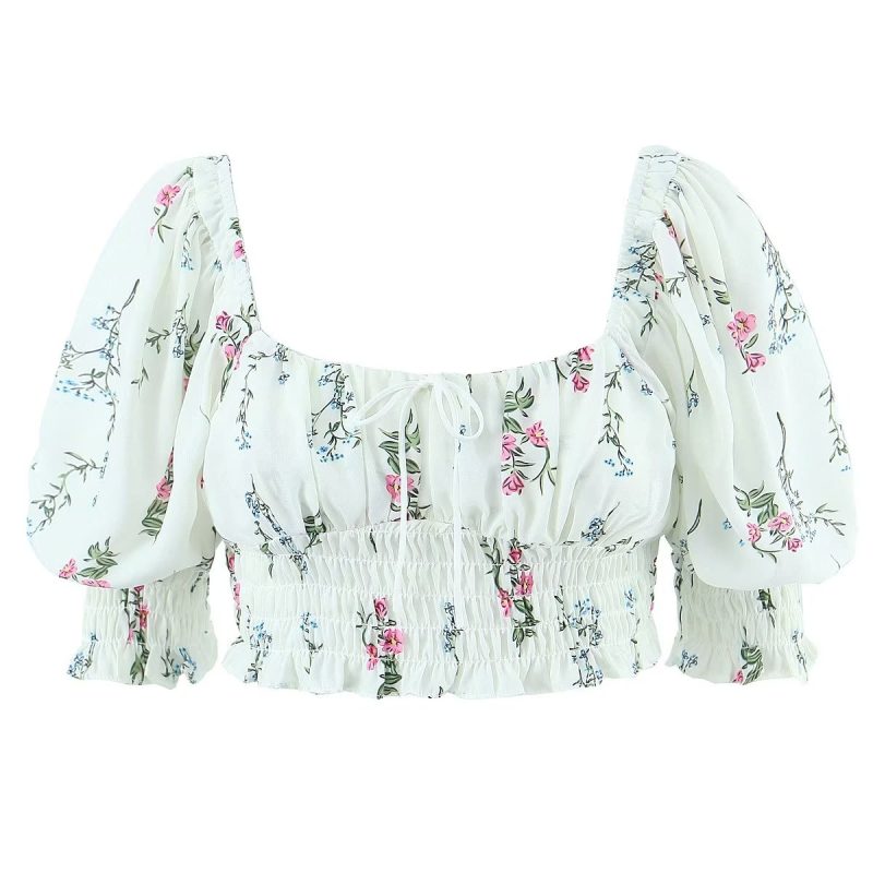 Spring Puff Sleeve Gentle Lace Up Square Collar Short Floral Print Small Top - Image 6