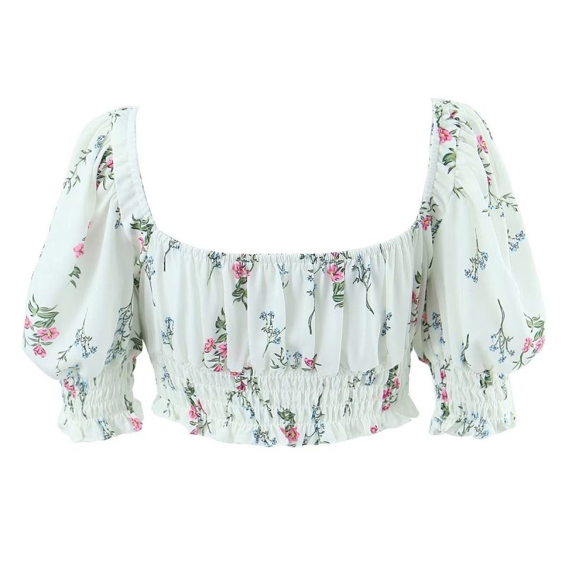 Spring Puff Sleeve Gentle Lace Up Square Collar Short Floral Print Small Top - Image 7