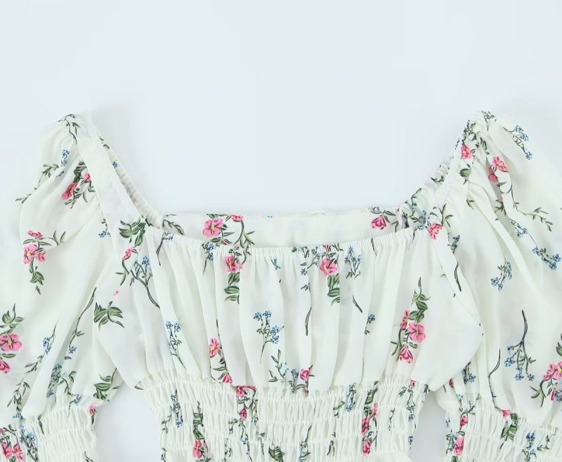 Spring Puff Sleeve Gentle Lace Up Square Collar Short Floral Print Small Top - Image 8