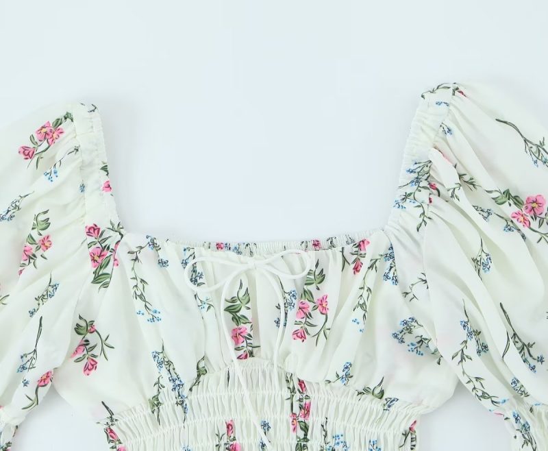 Spring Puff Sleeve Gentle Lace Up Square Collar Short Floral Print Small Top - Image 9