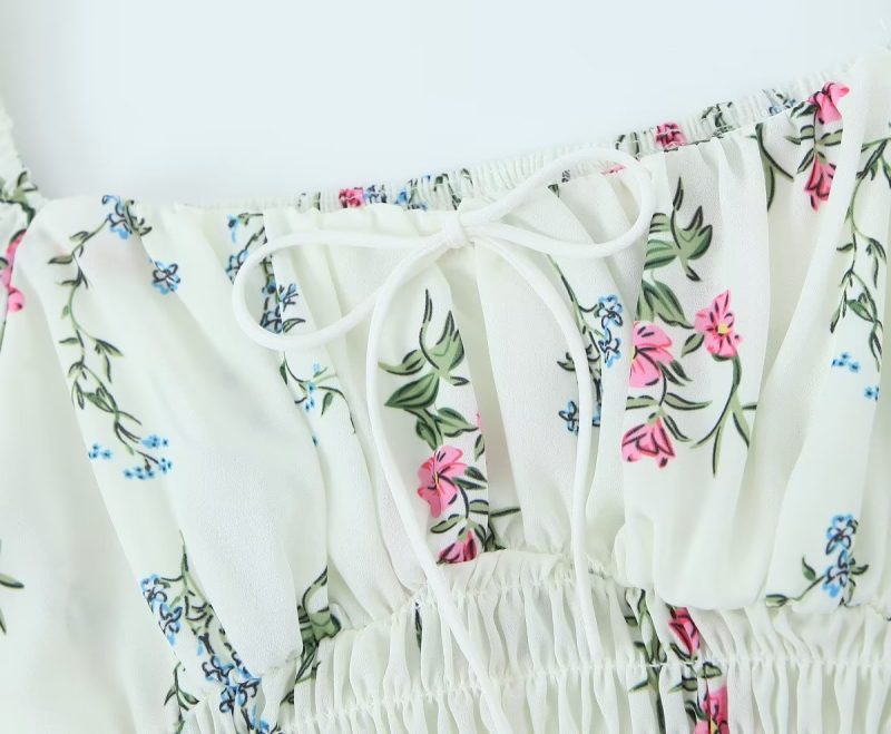 Spring Puff Sleeve Gentle Lace Up Square Collar Short Floral Print Small Top - Image 10