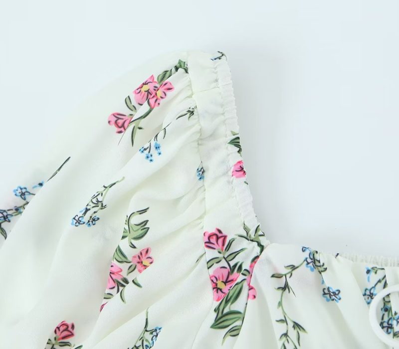 Spring Puff Sleeve Gentle Lace Up Square Collar Short Floral Print Small Top - Image 11