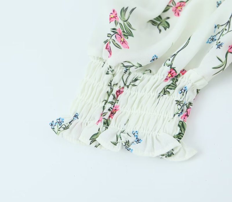 Spring Puff Sleeve Gentle Lace Up Square Collar Short Floral Print Small Top - Image 12