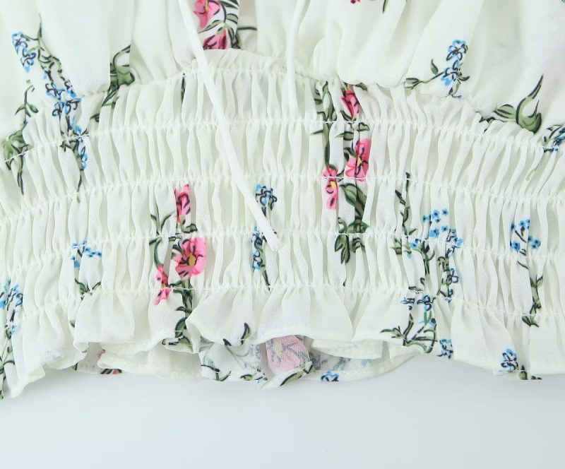 Spring Puff Sleeve Gentle Lace Up Square Collar Short Floral Print Small Top - Image 13