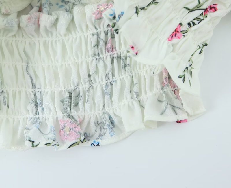 Spring Puff Sleeve Gentle Lace Up Square Collar Short Floral Print Small Top - Image 14