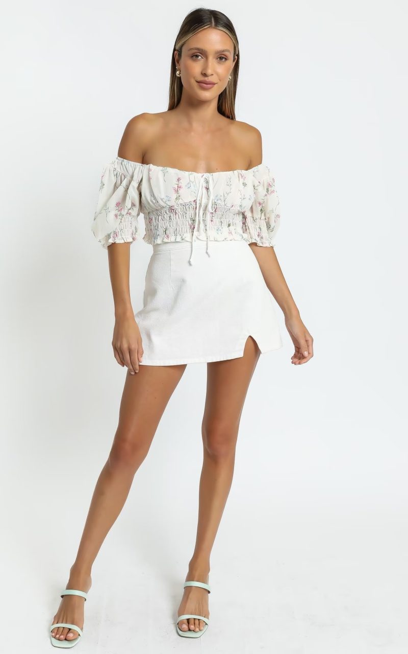 Spring Puff Sleeve Gentle Lace Up Square Collar Short Floral Print Small Top - Image 4