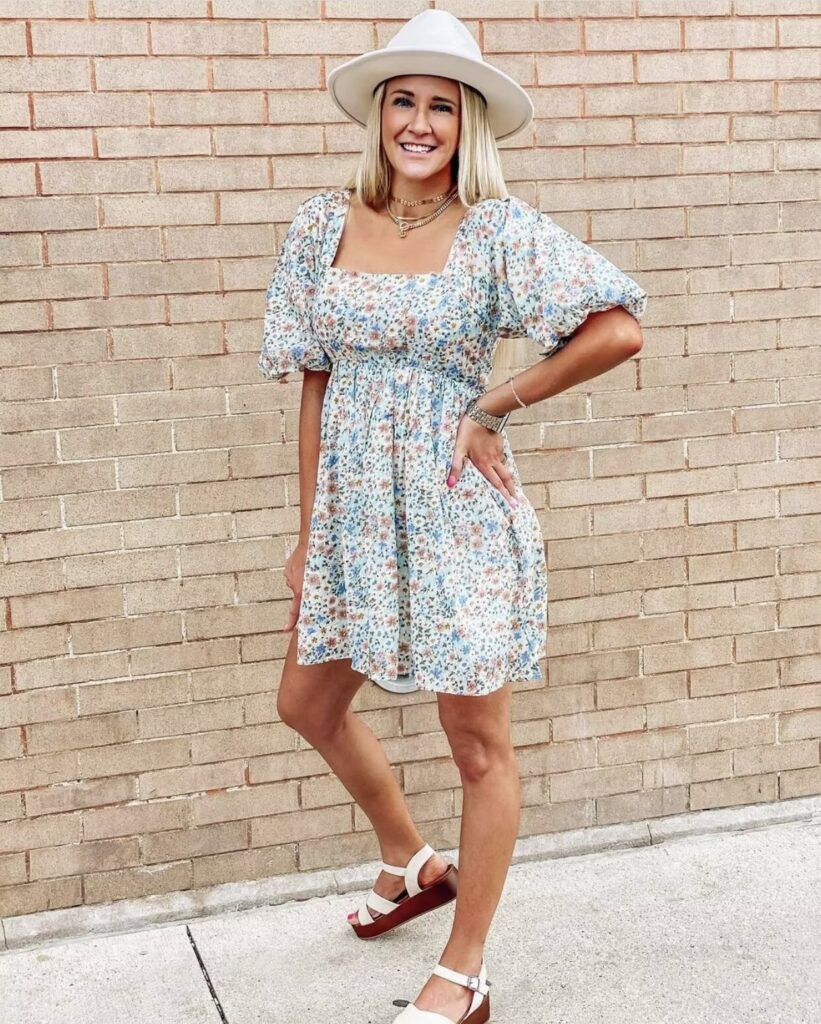 Women Pleated Loose Slimming Round Neck Puff Sleeve Floral Dress - Image 3