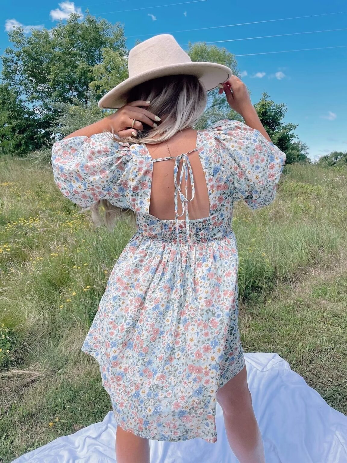 Women Pleated Loose Slimming Round Neck Puff Sleeve Floral Dress - Image 5
