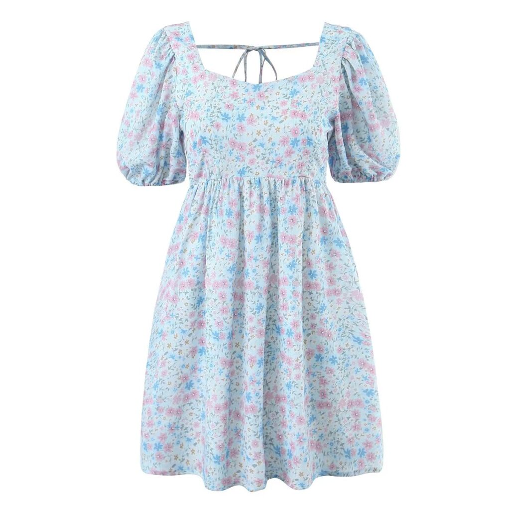Women Pleated Loose Slimming Round Neck Puff Sleeve Floral Dress - Image 6