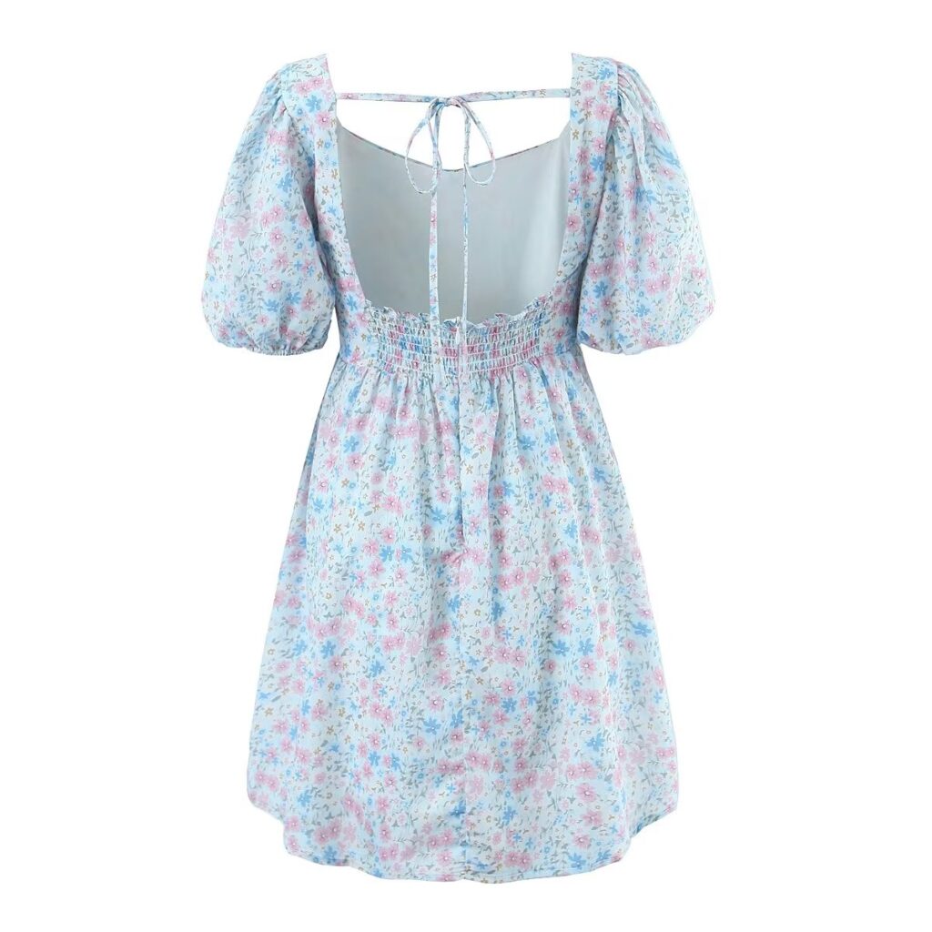 Women Pleated Loose Slimming Round Neck Puff Sleeve Floral Dress - Image 7