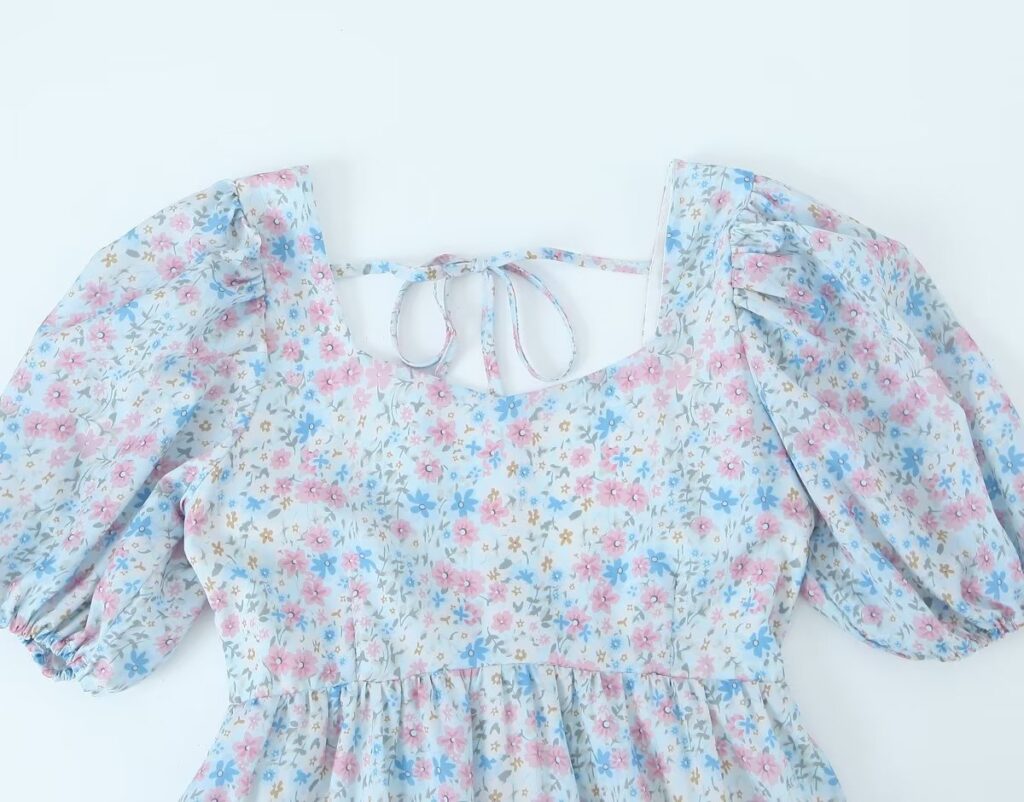 Women Pleated Loose Slimming Round Neck Puff Sleeve Floral Dress - Image 9