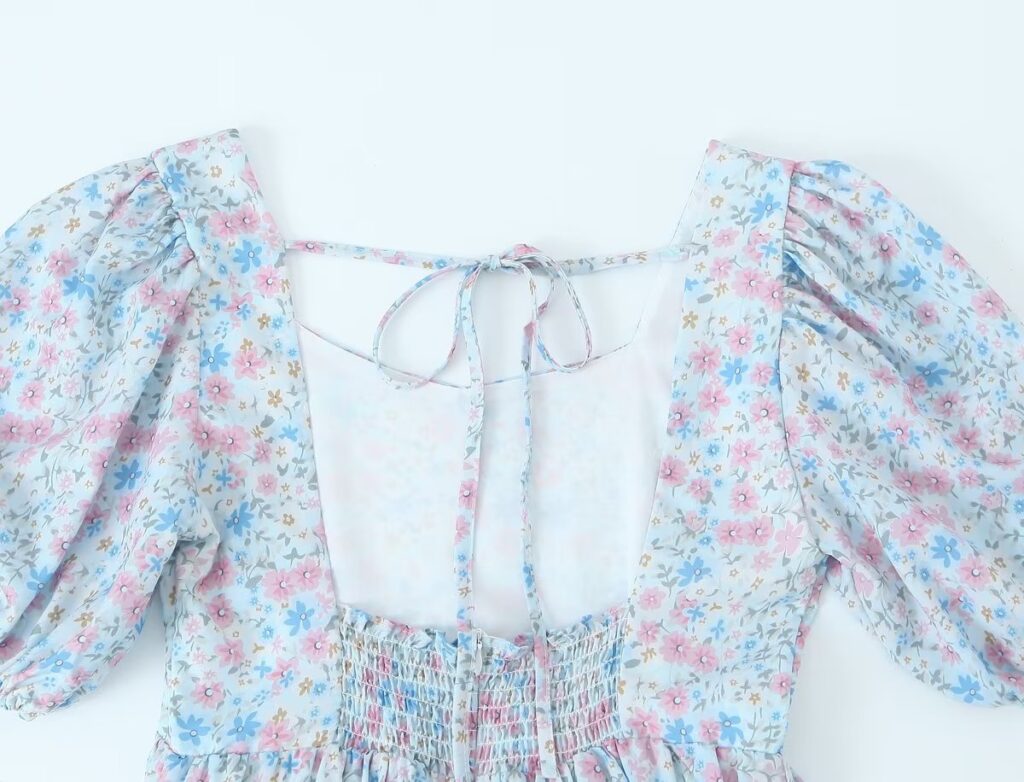 Women Pleated Loose Slimming Round Neck Puff Sleeve Floral Dress - Image 15
