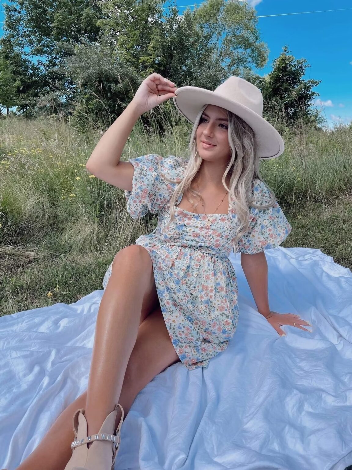 Women Pleated Loose Slimming Round Neck Puff Sleeve Floral Dress - Image 2
