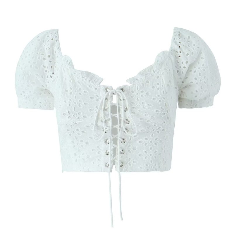 Ultra Short High Waist Crop Top Short Sleeve T Shirt Women Niche Strap Air Puff Sleeve Hollow Out Embroider Jacket - Image 6