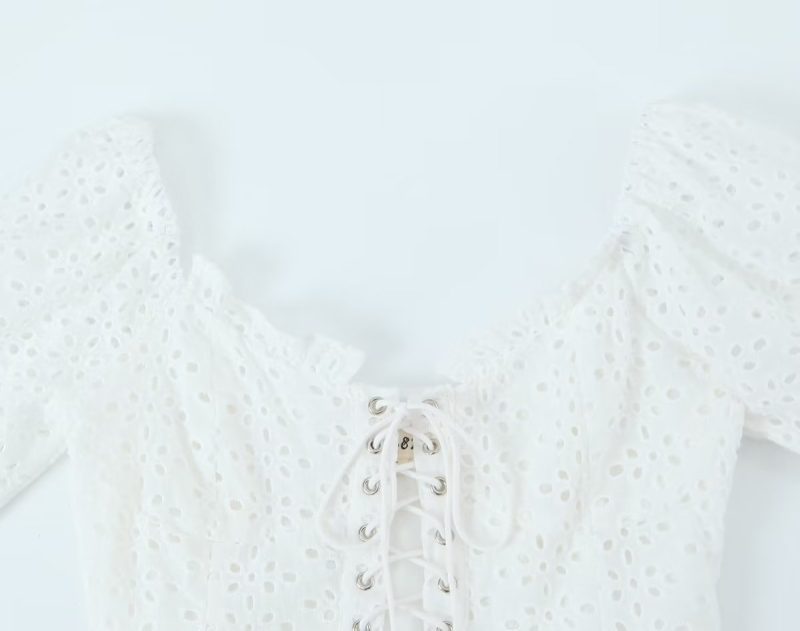 Ultra Short High Waist Crop Top Short Sleeve T Shirt Women Niche Strap Air Puff Sleeve Hollow Out Embroider Jacket - Image 9