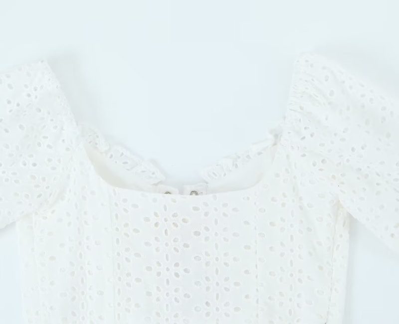 Ultra Short High Waist Crop Top Short Sleeve T Shirt Women Niche Strap Air Puff Sleeve Hollow Out Embroider Jacket - Image 14