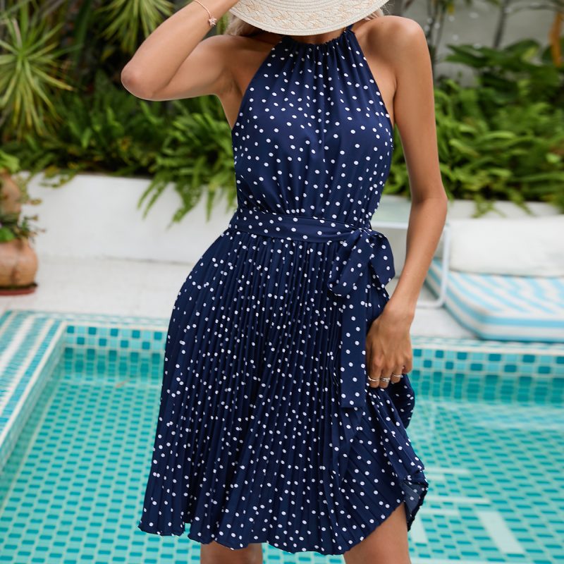 Women  Fashion Women  Polar Neck Hanging Strap Pleated Dress - Image 4