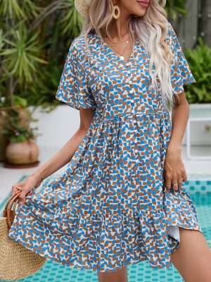 Summer New Women Loose Vacation V Neck Short Sleeve Printed Buckle Dress