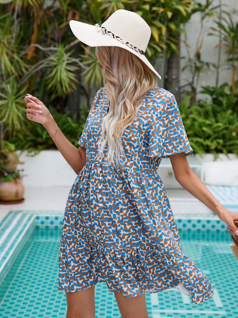 Summer New Women Loose Vacation V Neck Short Sleeve Printed Buckle Dress - Image 2