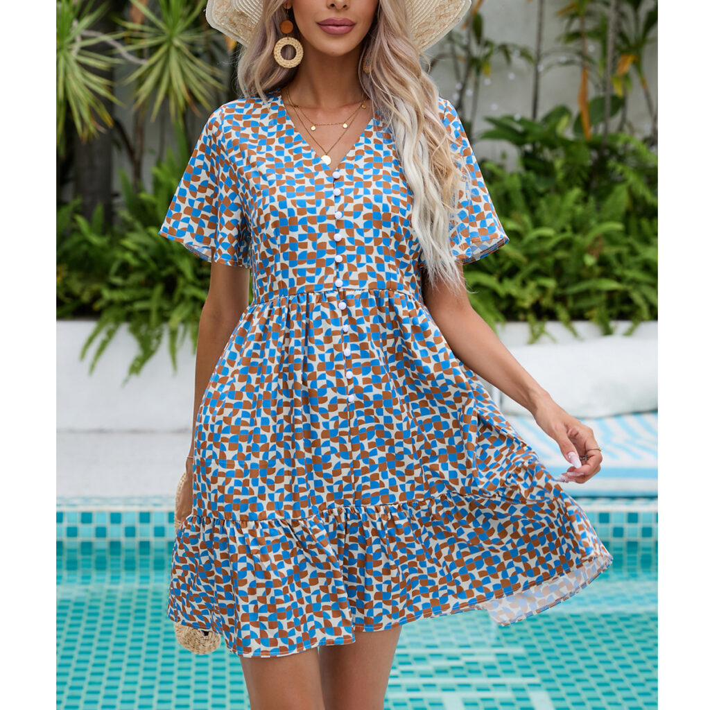 Summer New Women Loose Vacation V Neck Short Sleeve Printed Buckle Dress - Image 5