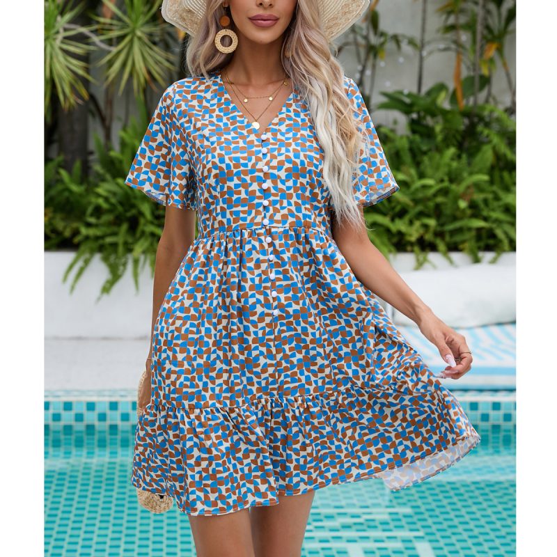 Summer New Women Loose Vacation V Neck Short Sleeve Printed Buckle Dress - Image 5