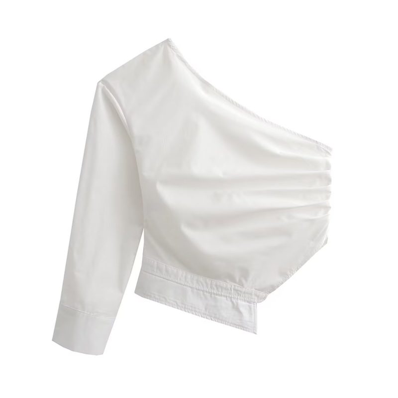 Slim Fit Dislocation Design Top Sweet Fresh Women Clothing Solid Color One Shoulder Shirt - Image 3